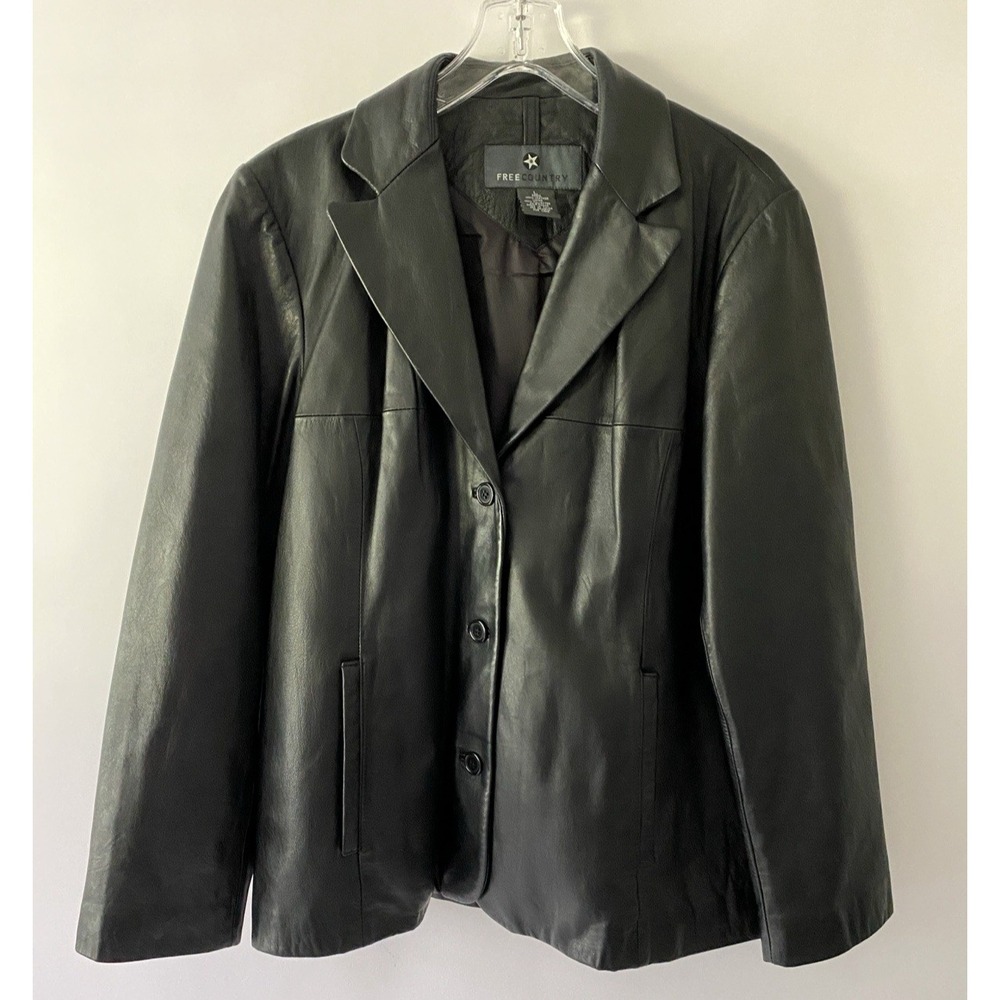 VTG Free Country Black Leather Jacket Women's Large Button Up Lined Streetwear - Picture 1 of 15